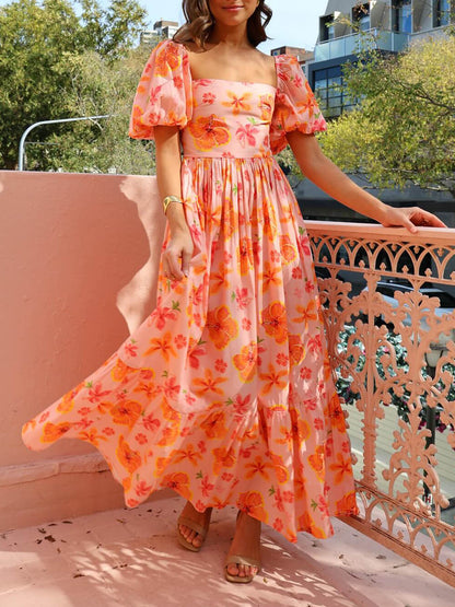 Puff Sleeve Floral Print Back Smocked Pocket Maxi Dress