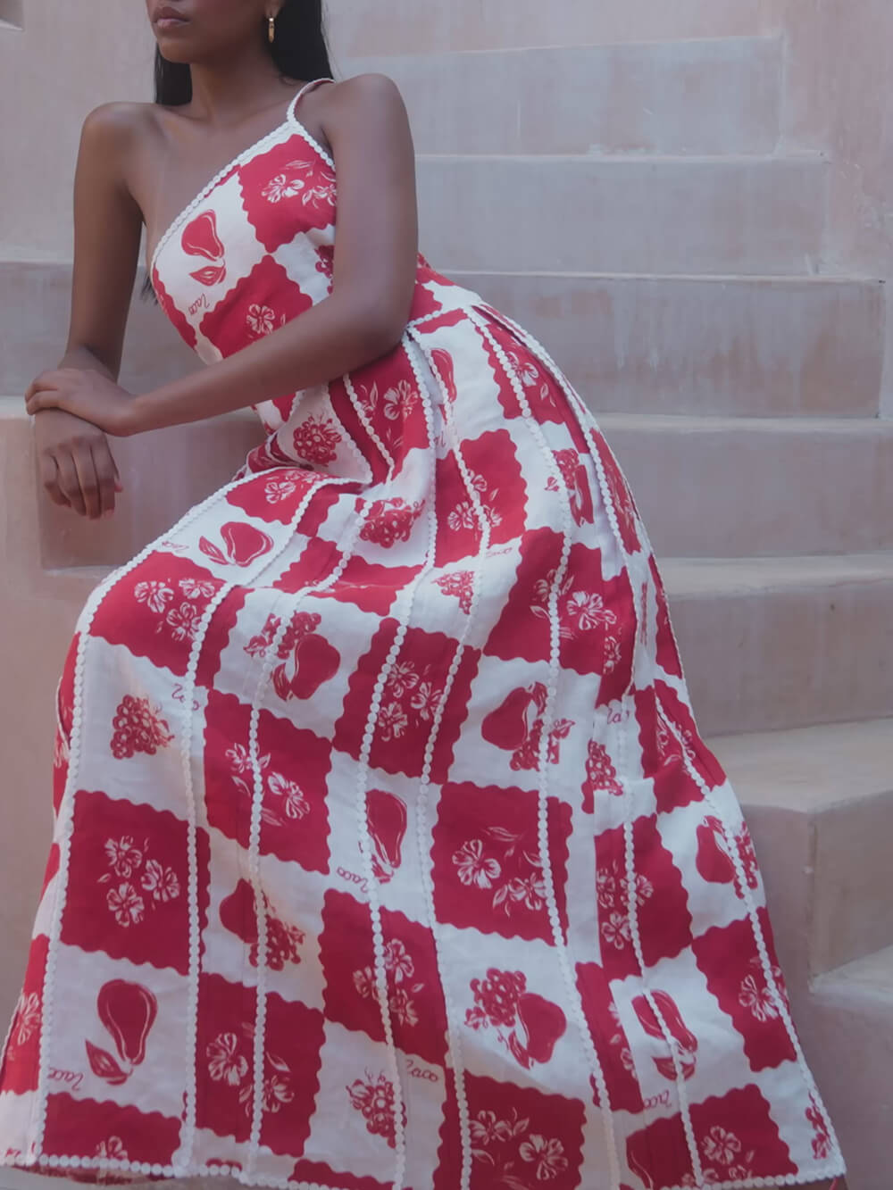 Unique Printed Floral Trim One Shoulder Flared Maxi Dress