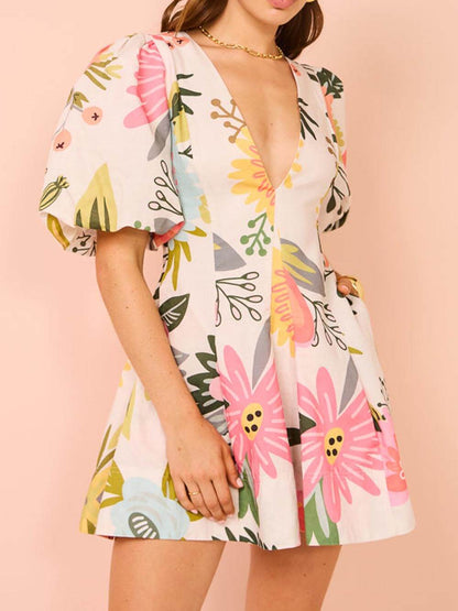 Puff Sleeve Floral Print Pocketed Mini Dress