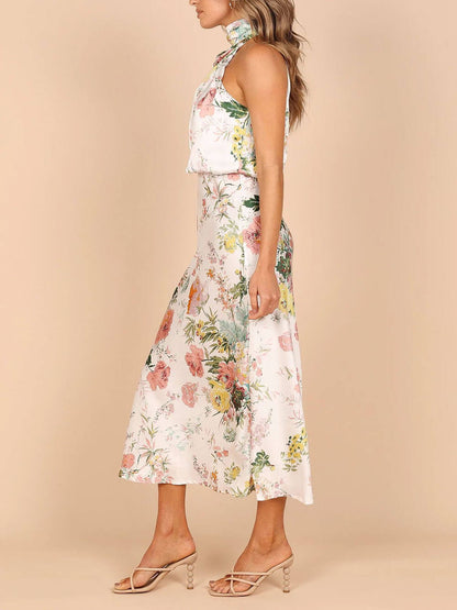 Halter Neck Floral Elastic Waist Maxi Dress