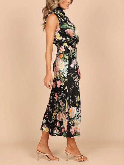 Halter Neck Floral Elastic Waist Maxi Dress
