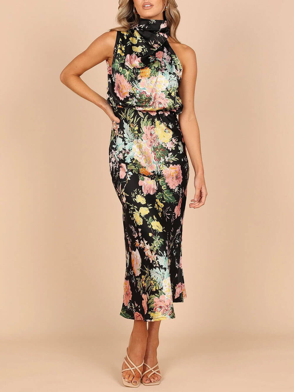 Halter Neck Floral Elastic Waist Maxi Dress