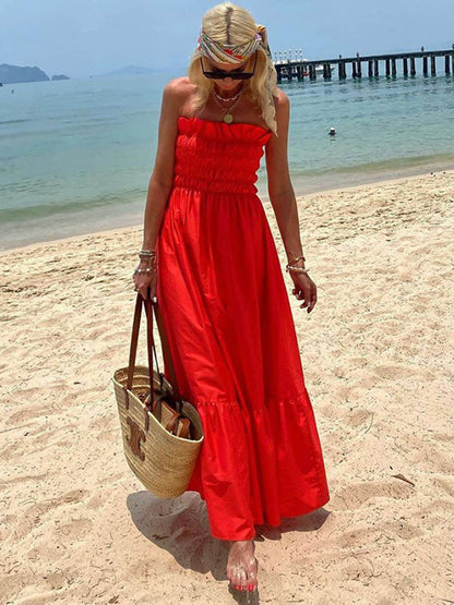 Off Shoulder Smocked Bust Vacation Maxi Dress