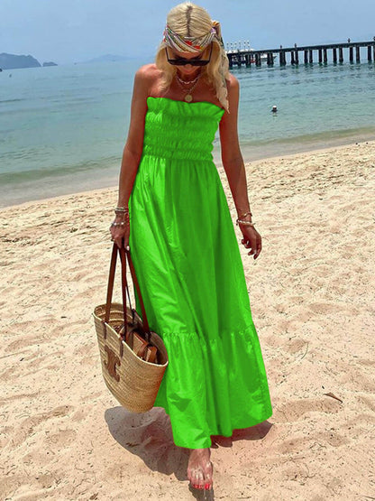 Off Shoulder Smocked Bust Vacation Maxi Dress