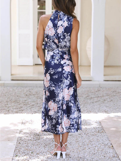 Halter Neck Floral Elastic Waist Maxi Dress