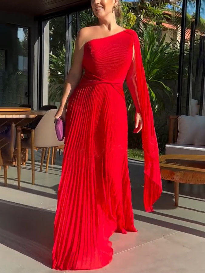 Elegant Flowing Pleated Off-the-Shoulder Maxi Dress