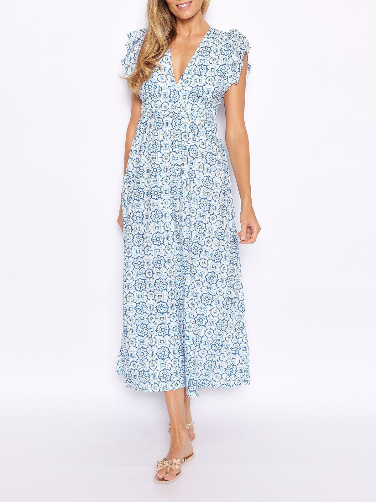 Blue Medallion V-Neck Flutter Sleeve Maxi Dress