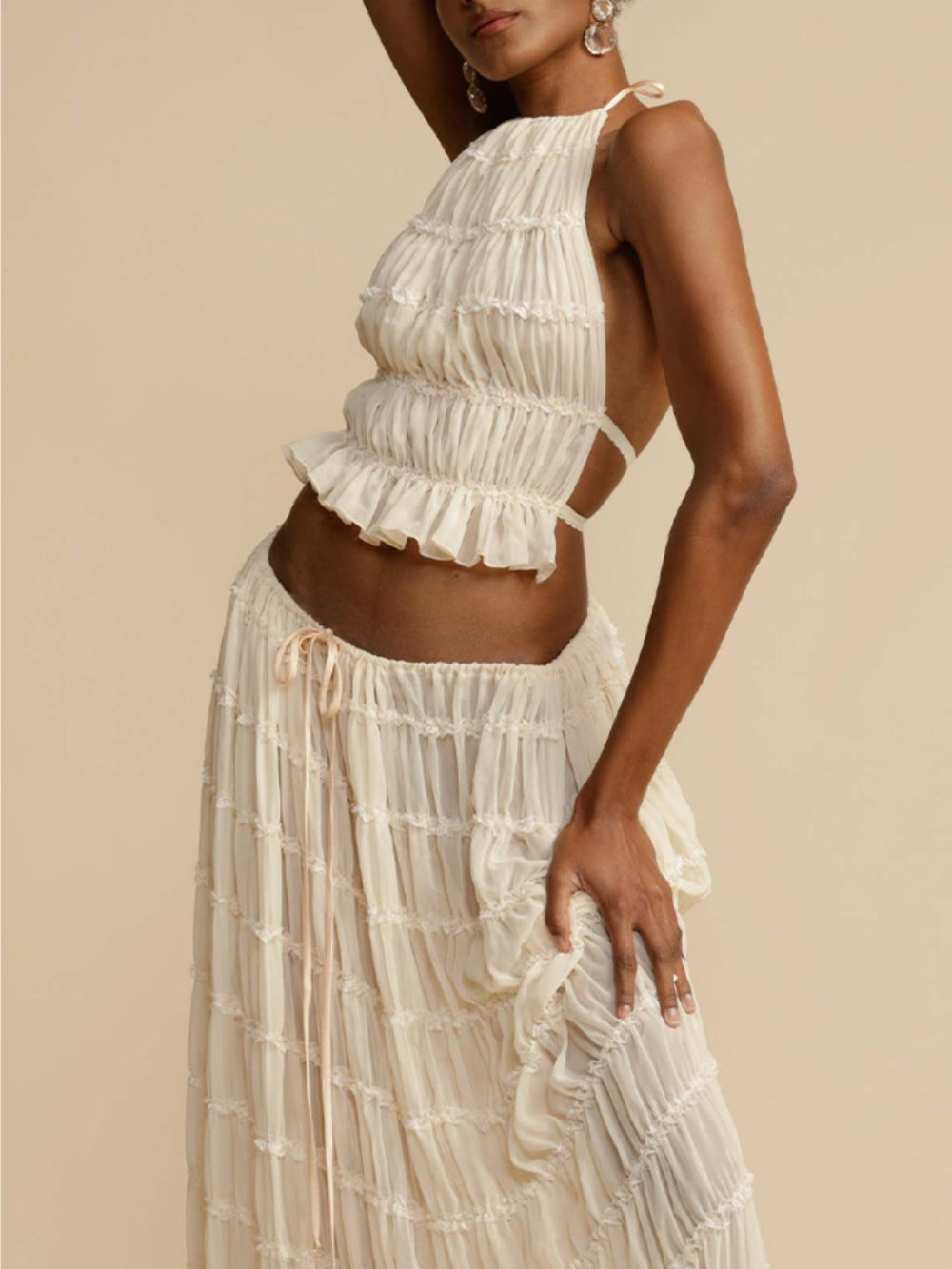 Pleated Drawstring Charm Waist Tiered Maxi Skirt