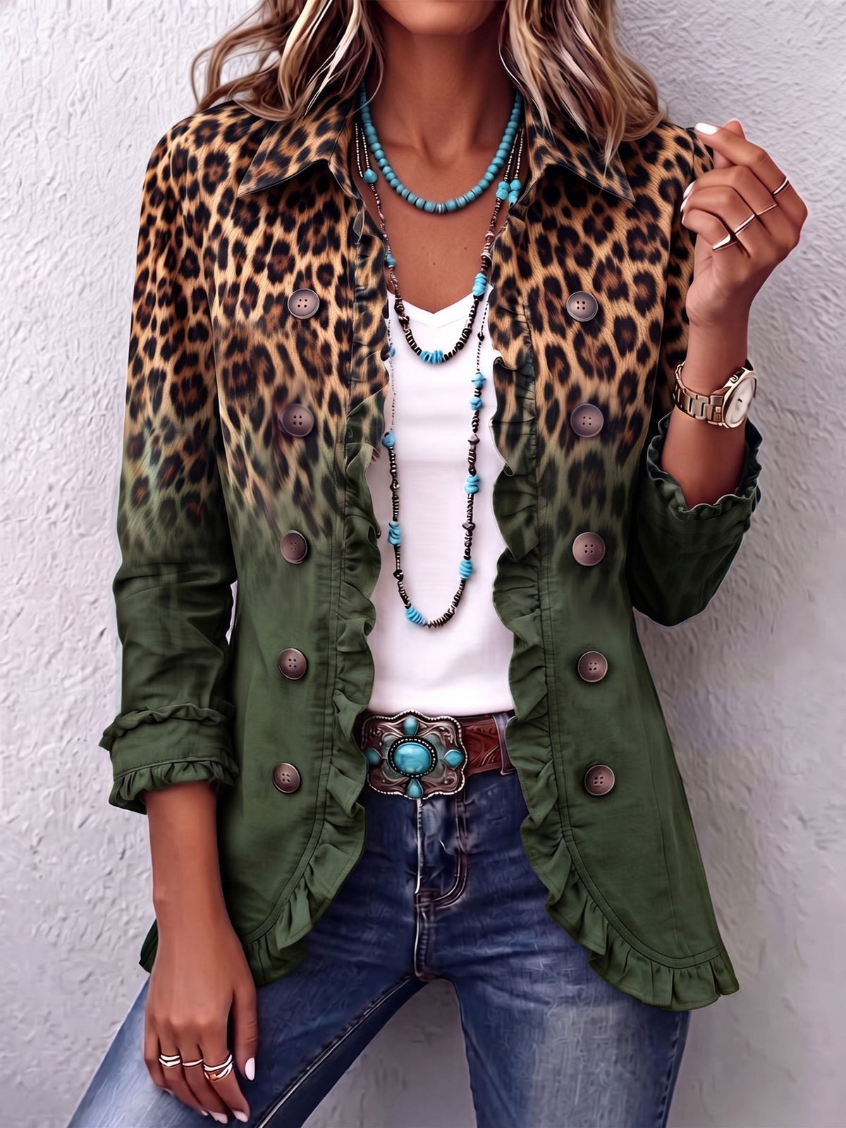 Dominique | Leopard Ombre Ruffled Blazer Jacket