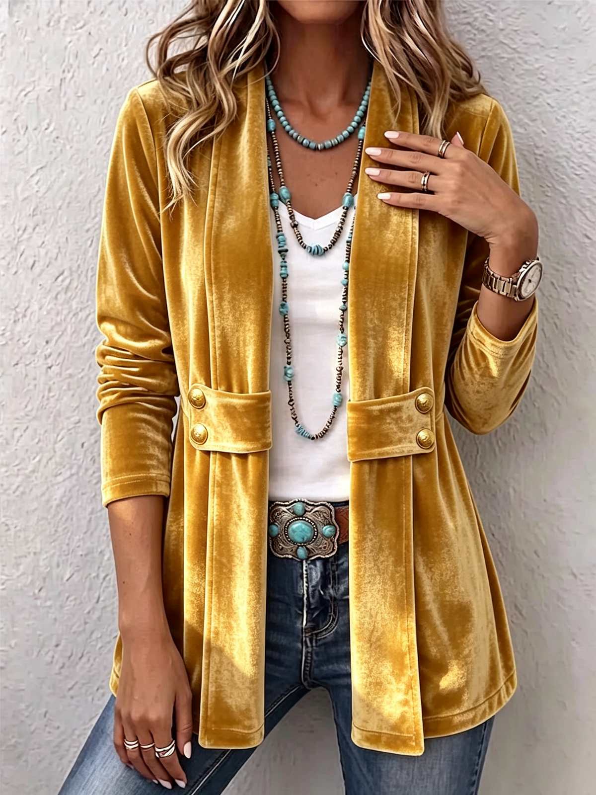 Renée | Vintage Lapel Button-Detail Long-Sleeve Open Jacket