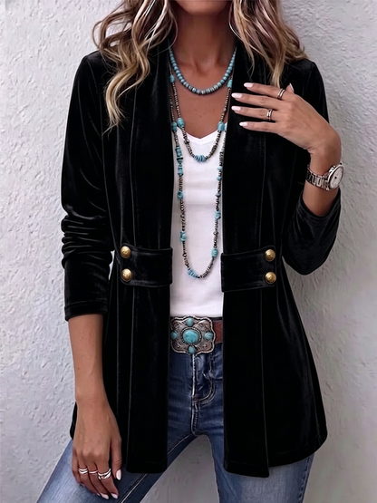 Renée | Vintage Lapel Button-Detail Long-Sleeve Open Jacket