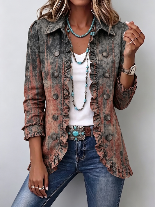 Jeannette | Vintage Gradient Textured Print Ruffle Jacket