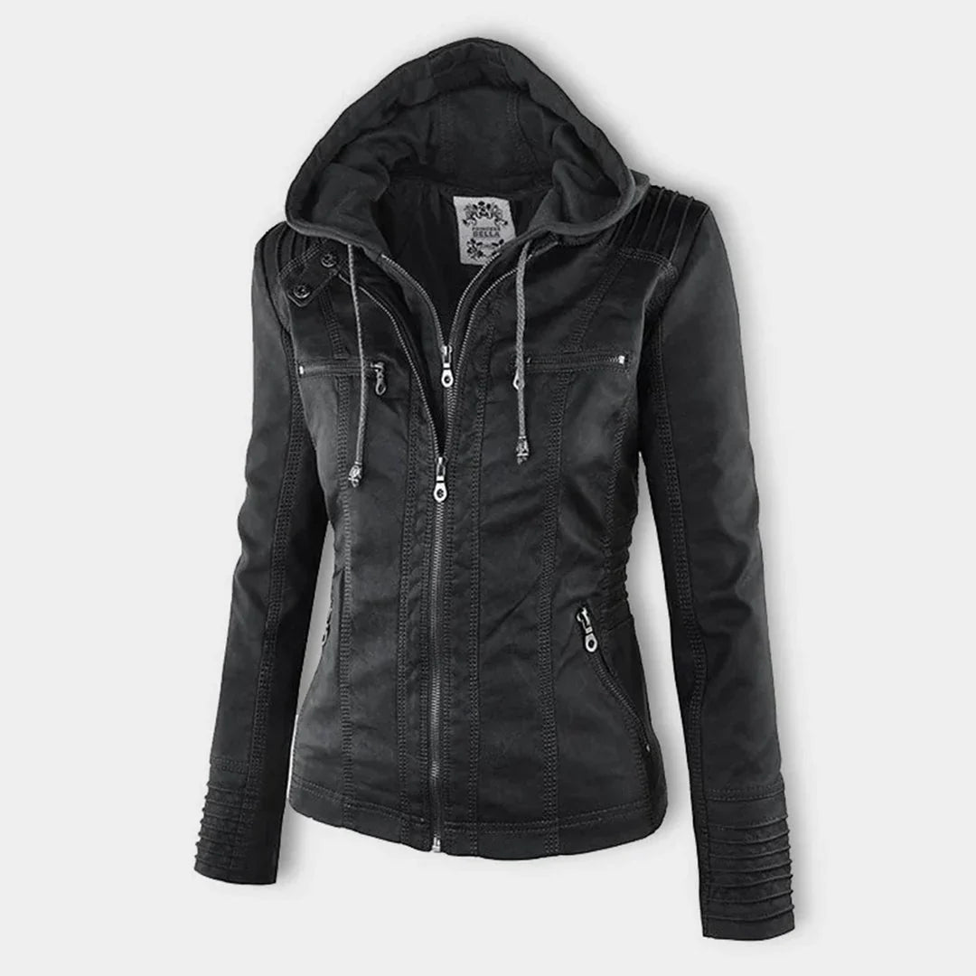 Women's Leather Jacket | Hooded Zip-Front Moto